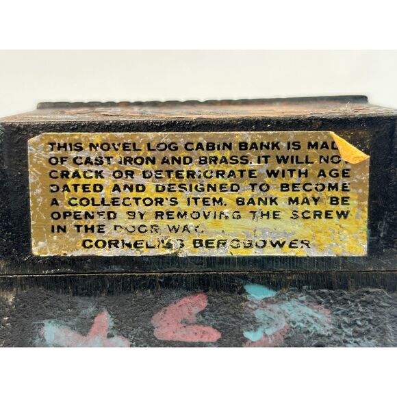 Vintage Cast Iron Log Cabin Still Bank--by Cornelius Bergbower w/ Paper Label - Picture 9 of 11